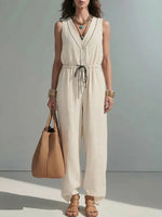 Women's Solid Color Art Button Stylish No Sleeve Cotton Jumpsuit
