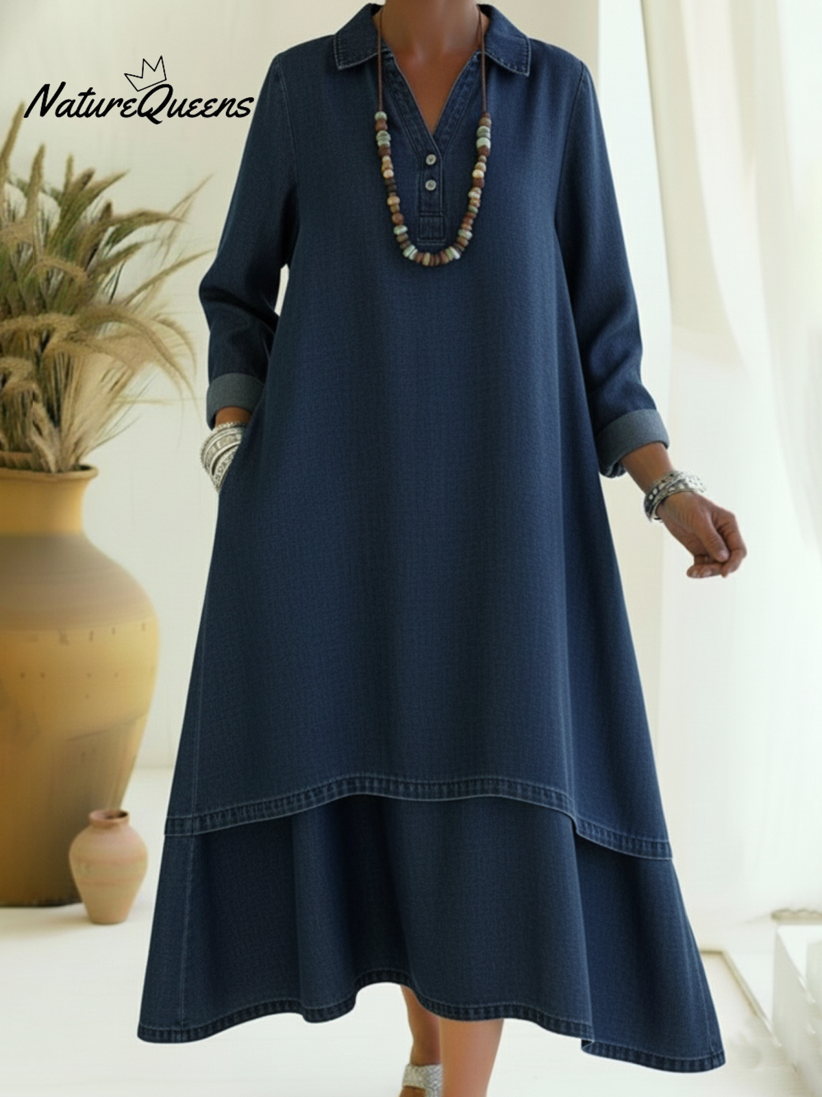Casual Polo Collar Double-layered Hem Denim Dress