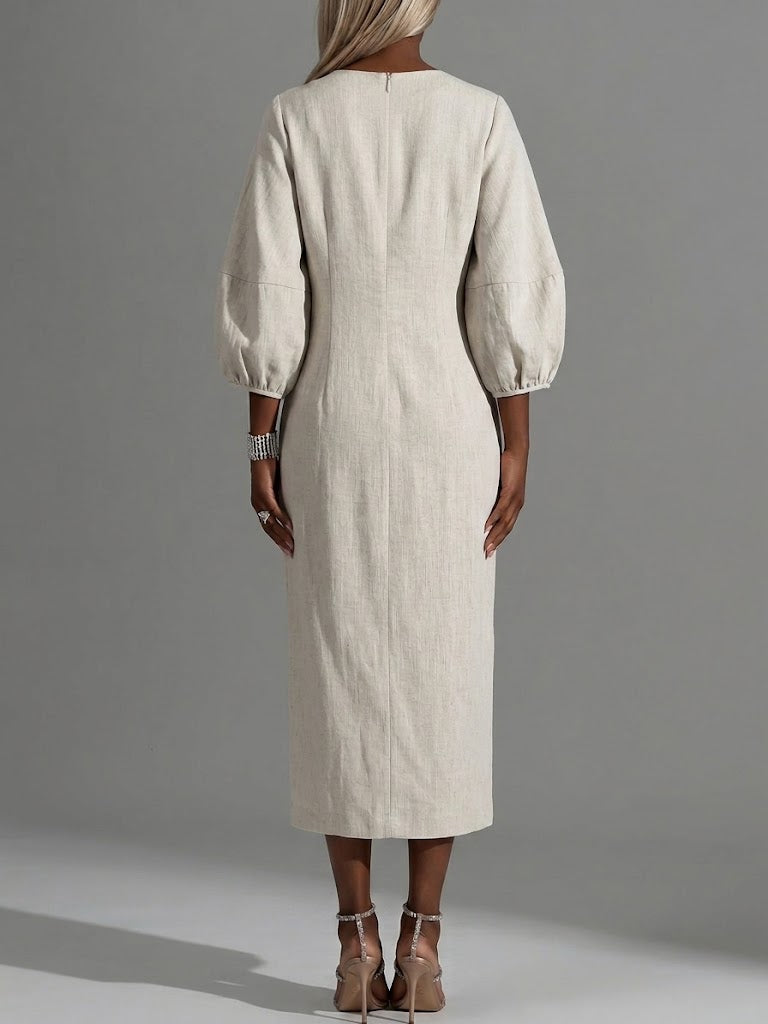 Casual Linen And Cotton Dress With Chain And Rhinestone Embellishments On The Hem