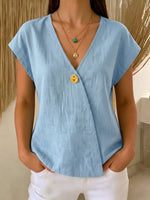 Casual Solid-color V-neck Cotton-linen Blouse