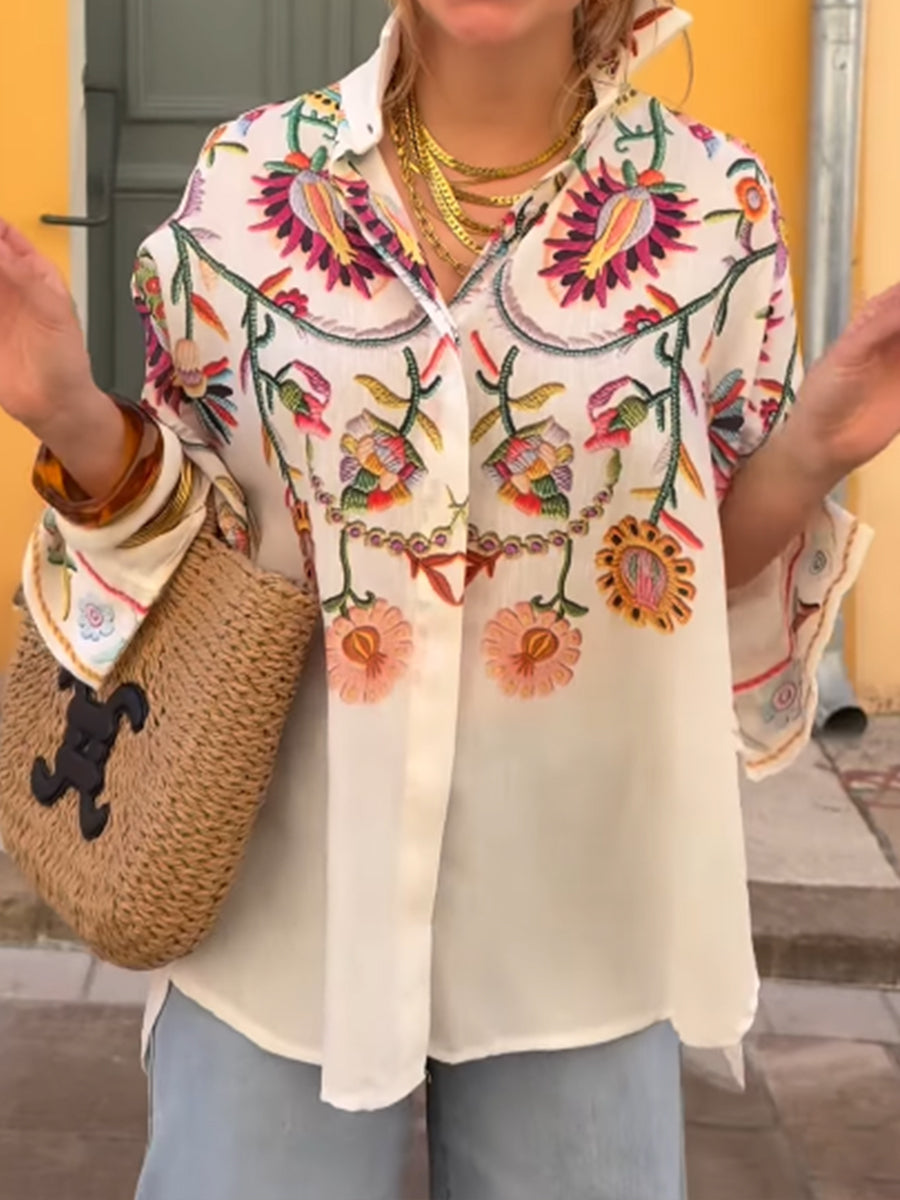 Casual And Comfortable Floral-print Linen And Cotton Shirt