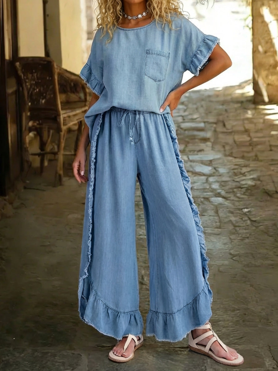 Women's Casual Tencel Denim Top With Ruffle Details And Matching Ruffle Pants Two-piece Set.