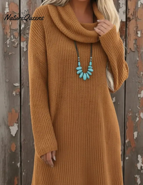 Cozy Cowl Neck Loose A-line Knit Dress