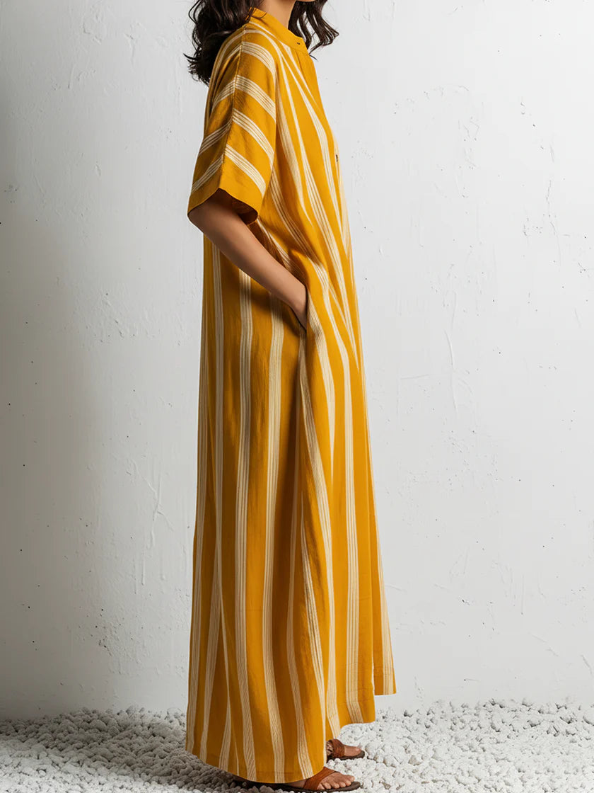 Loose-fit Casual Striped Linen-cotton Shirt Dress