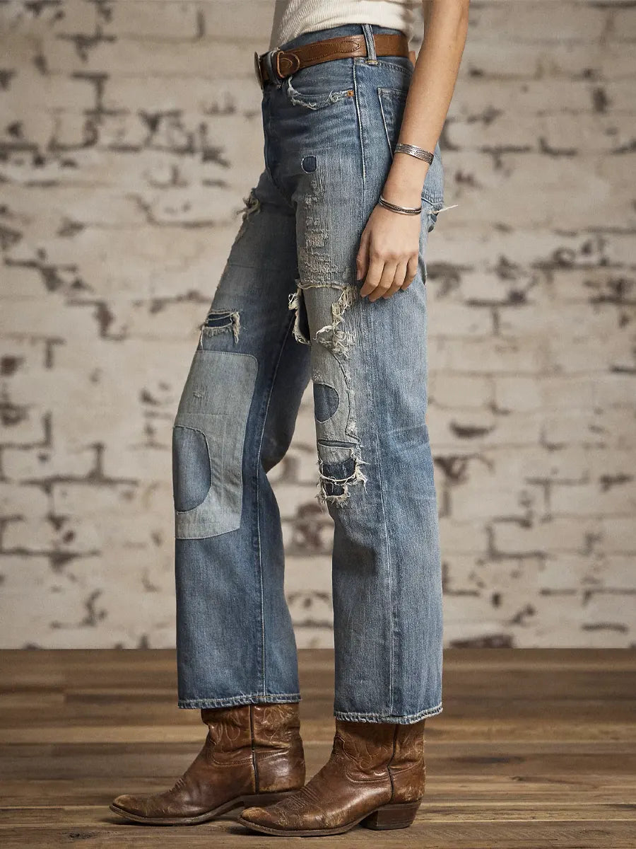 Women's Vintage Pattern Art Print Casual Cotton Denim Jeans