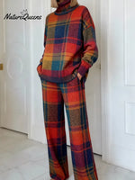 Women's Vintage PlaidArt Print Casual Knitted Cotton Top Pants Suit