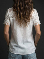 Women's Rose Embroidery Art Crew Neck Short Sleeve Linen Blend T-shirt