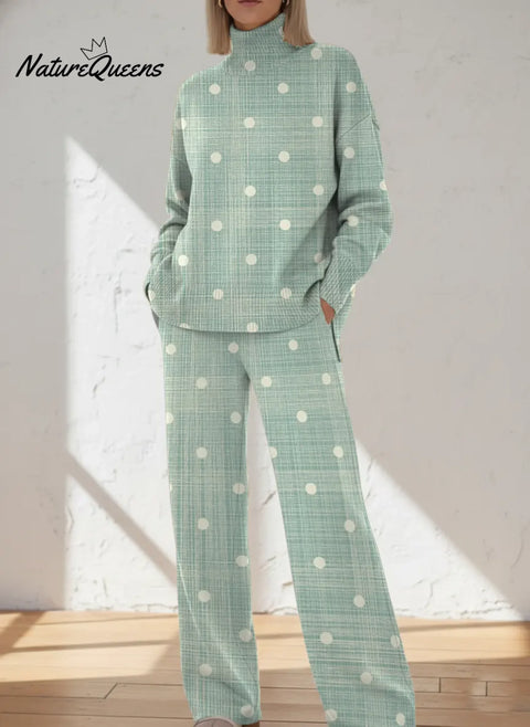 Green Dots Casual High-neck Top And Straight-leg Pants Set