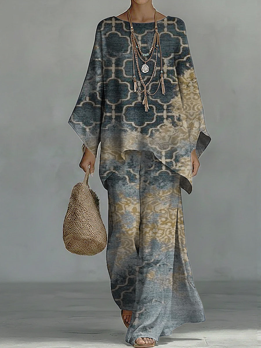Bohemian-style Indigo Geometric Tie-dye Batwing Top & Linen-look Wide-leg Pants Two-piece Set