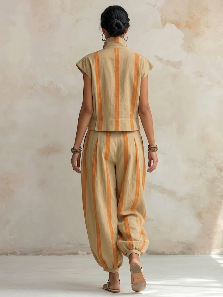 Stylish And Casual Striped Cotton Two-piece Set (top And Pants)