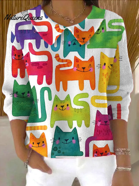 Women's  Cute Cat  Print Casual Peter Pan Collar 3/4 Sleeve Sweater