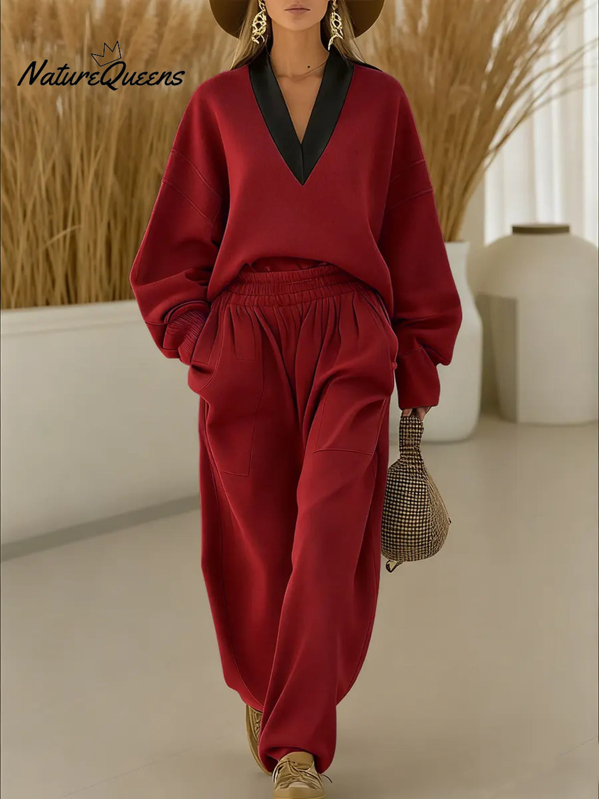 Women's Color Block V-neck Long-sleeve Casual Loose Sweatshirt With Elastic Waist And Wide-leg Pants Set