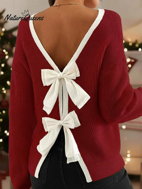 Elegant Color-blocked Trim Bow Sweater Pullover