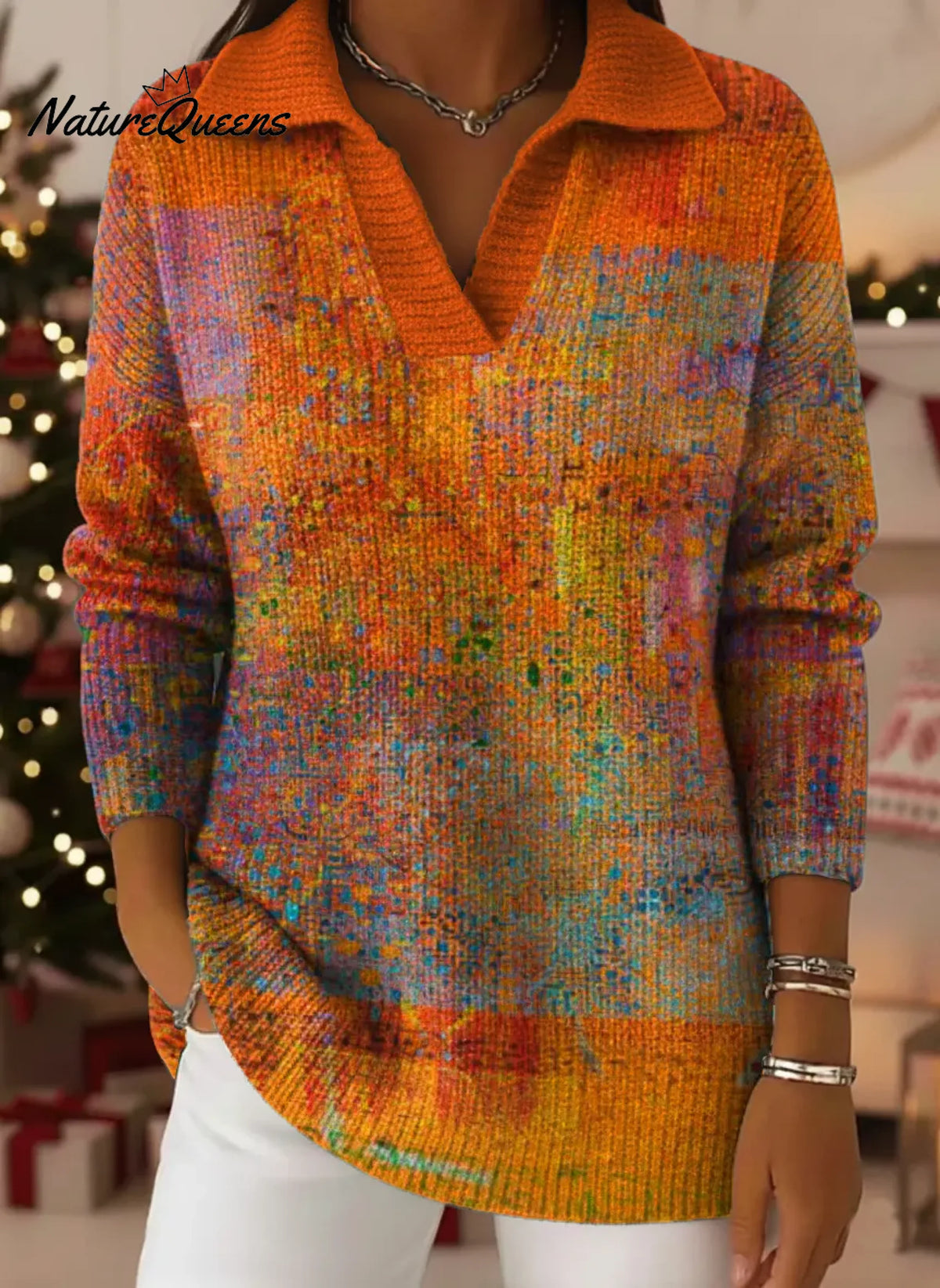 Mottled Abstract Art Print Lapel Casual Knit Sweater