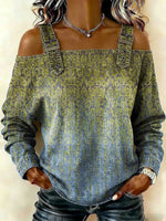 Women‘s Gradient Ethnic Pattern Print Casual Cotton Denim Shirt