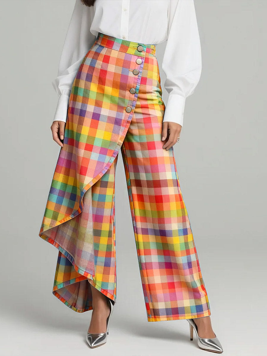 Women's Vintage Plaid Patterns Print High-waisted Relaxed Fit Wide-leg Jeans With A Stylish Design