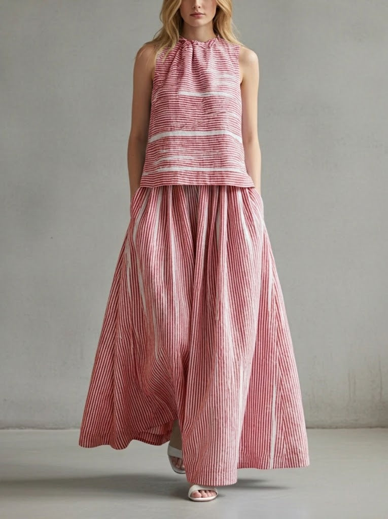 Stylish Sleeveless Linen And Cotton Striped Top And Skirt Two-piece Set