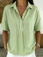 Casual Striped Polo Collar Snap Buttons Cotton-linen Shirt