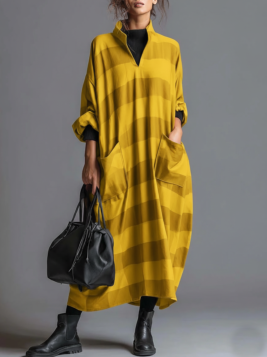 Cozy Plaid Print Loose-fitting Stand-collar Dress