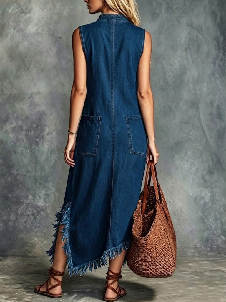 Cotton-linen Maxi Dress With Half-zip And Raw Hem