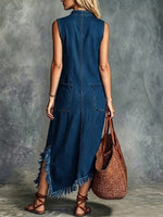 Cotton-linen Maxi Dress With Half-zip And Raw Hem