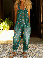 Women's Retro Polka Dots Print Casual Cotton Vest Denim Jumpsuit