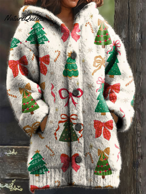 Women's Retro Christmas Tree Pattern Art Print Casual Plush Warm Coat