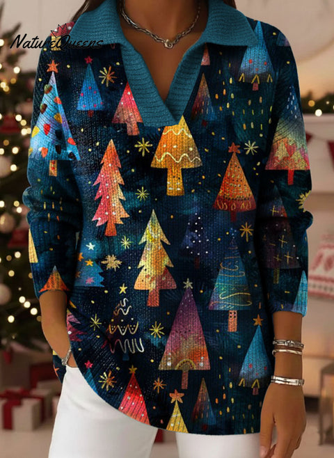 Christmas Tree Color Art Pattern Art Polo Collar Shiny Loose Sweater Top