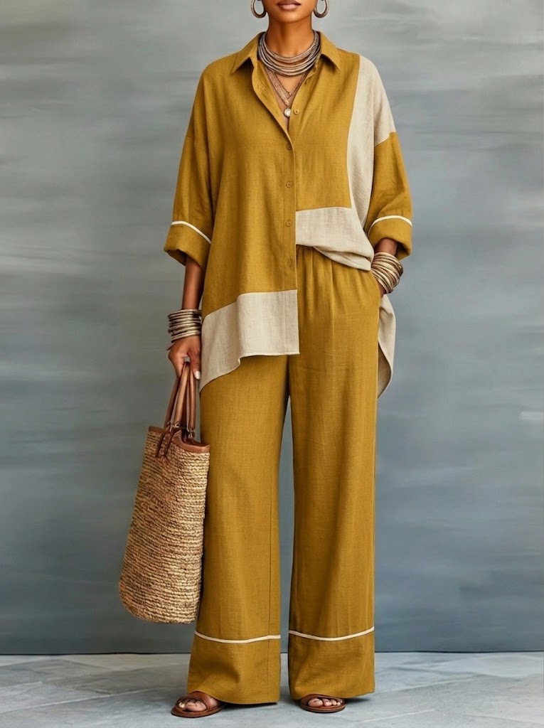 Casual Color-blocked Linen And Cotton Shirt And Trousers Two-piece Set