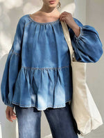 Women's Round Neck Long-sleeved Loose-fitting Casual Denim Top.
