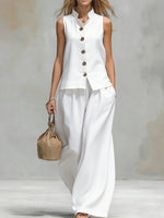 Comfortable And Casual V-neck Sleeveless Button-down Top And Trousers Set