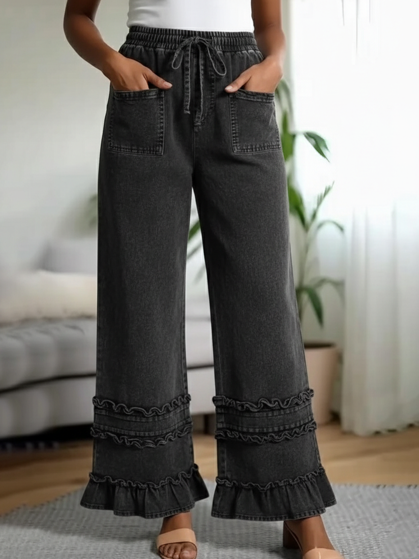 Cozy Ruffle Details Denim Straight-leg Pants