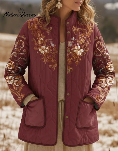 Retro Stand-up Collar Floral Print Pocket Padded Jacket