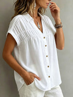 Women's Pleats Loose-fit V-neck Single-breasted Short-sleeve Shirt