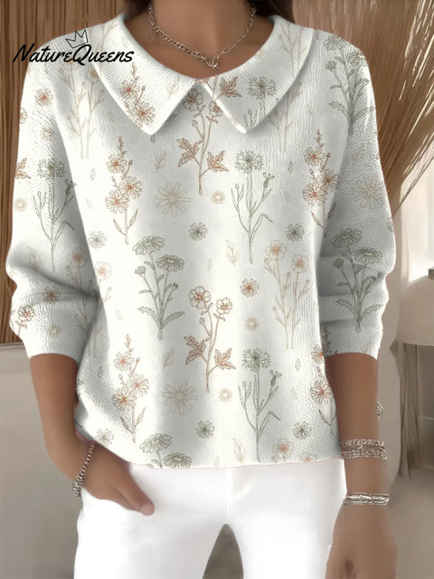 Women's Simple Artistic Flowers Casual Peter Pan Collar 3/4 Sleeve Sweater