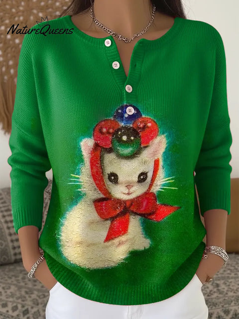 Women's Christmas Cat Art Print Buttoned Cardigan Sweater