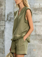 Women's Retro Green V-neck Cotton-linen Short-sleeve T-shirt And Shorts Set