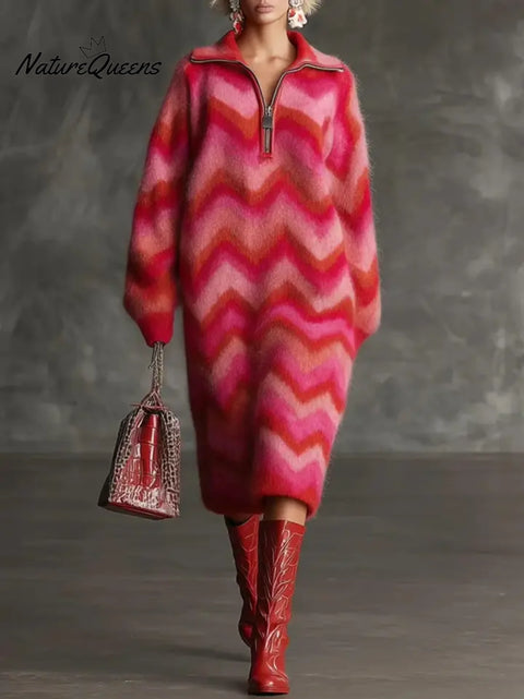 Women's Geometric Print Cardigan Collar Long-sleeved Casual Loose Knit Dress