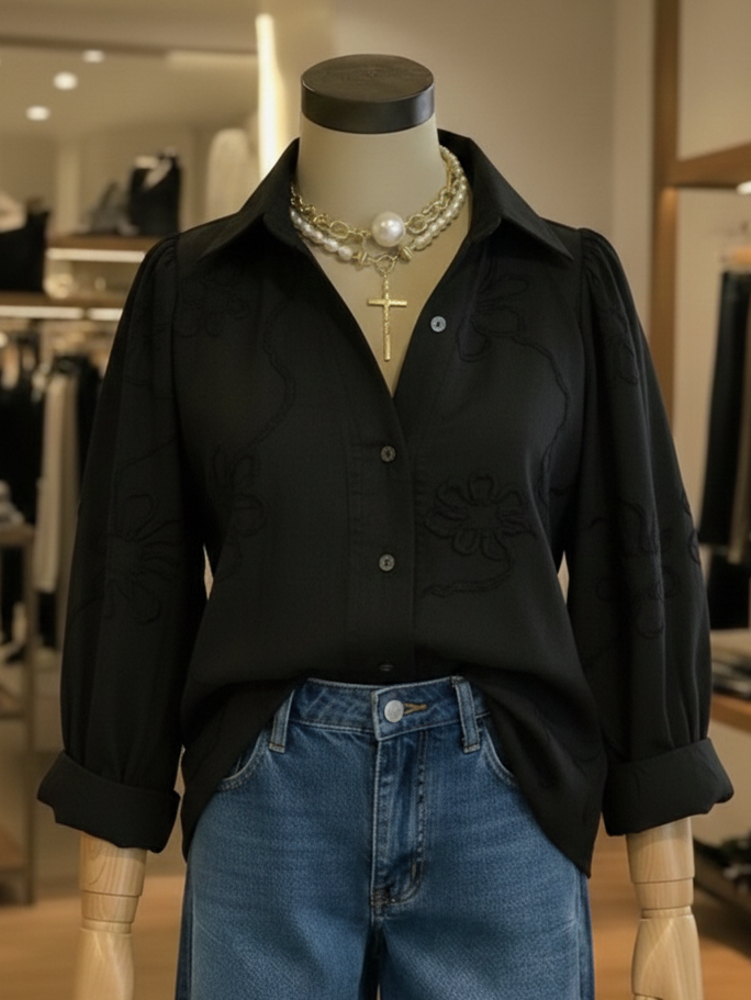 Romantic Floral Embroidered Polo Shirt