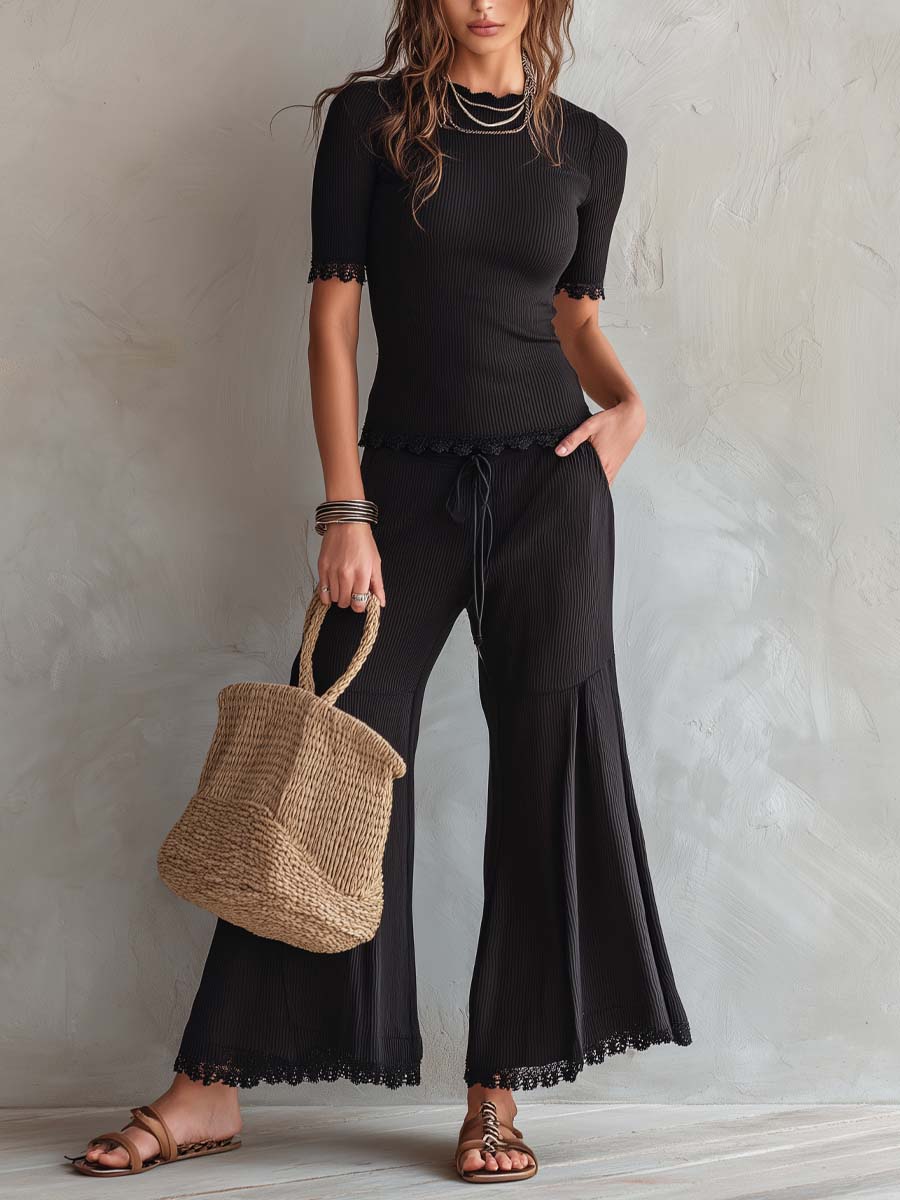Ribbed Top With Lace Trim + Flared Pants Set