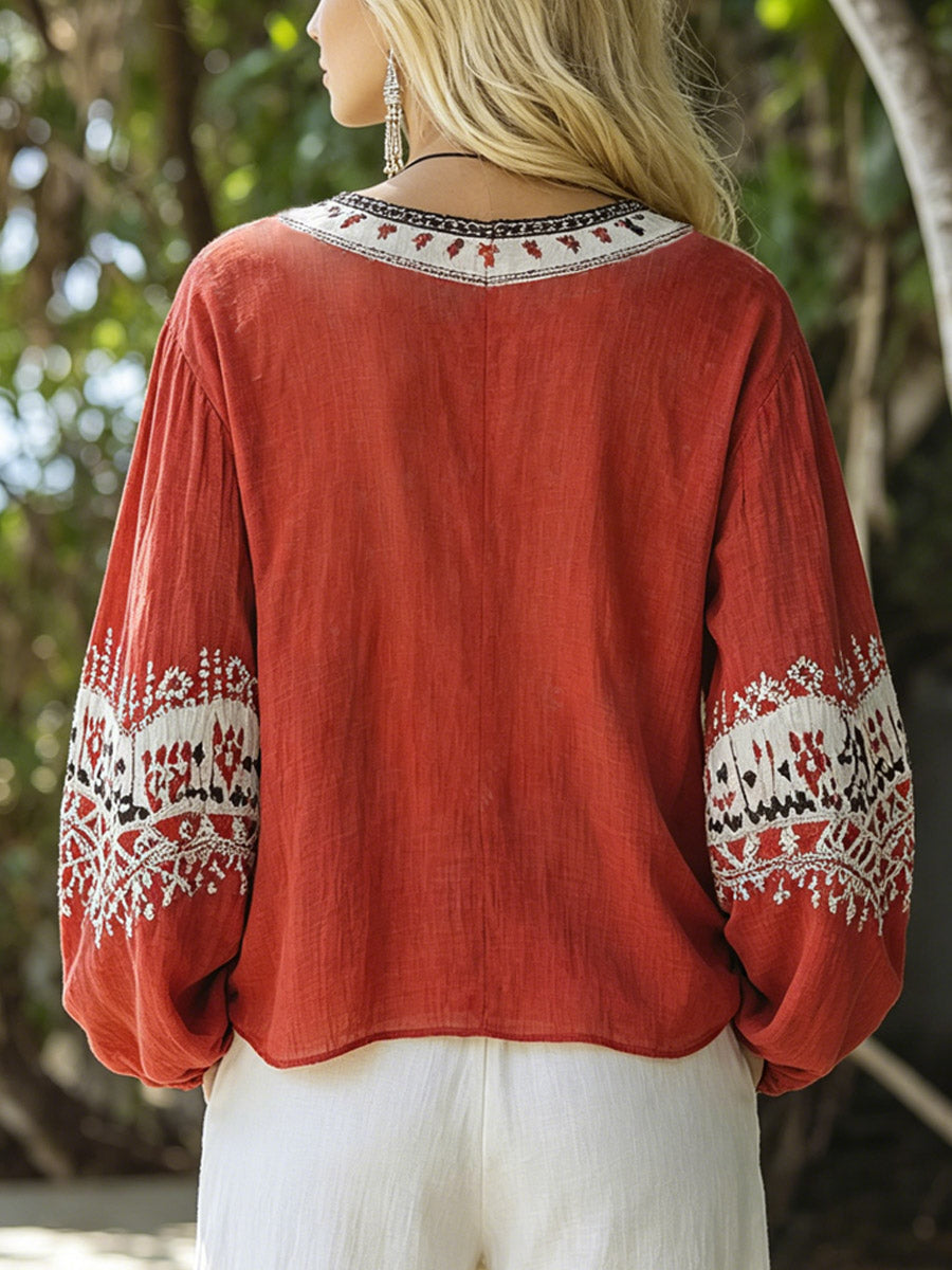 Women's Retro Ethnic Pattern Art Print Casual Cotton Linen Shirt