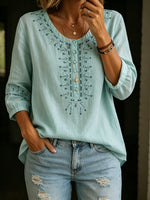 Embroidered, Artsy-retro Style, Pullover, 3/4-sleeve, Loose-fit Cotton-linen Shirt (lightweight)