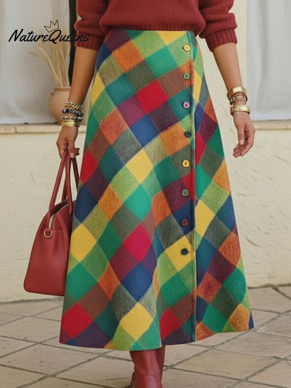 Colorful Palette Print Woolen Button-up Skirt