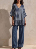 Women's Blue Mood Spliced Striped Cotton-linen Casual Set