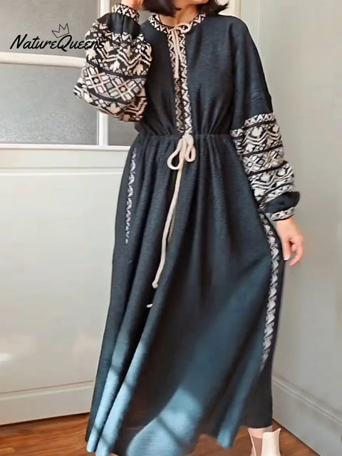 Women's Contrast Print Round Neck Long Sleeve Casual Loose Dress