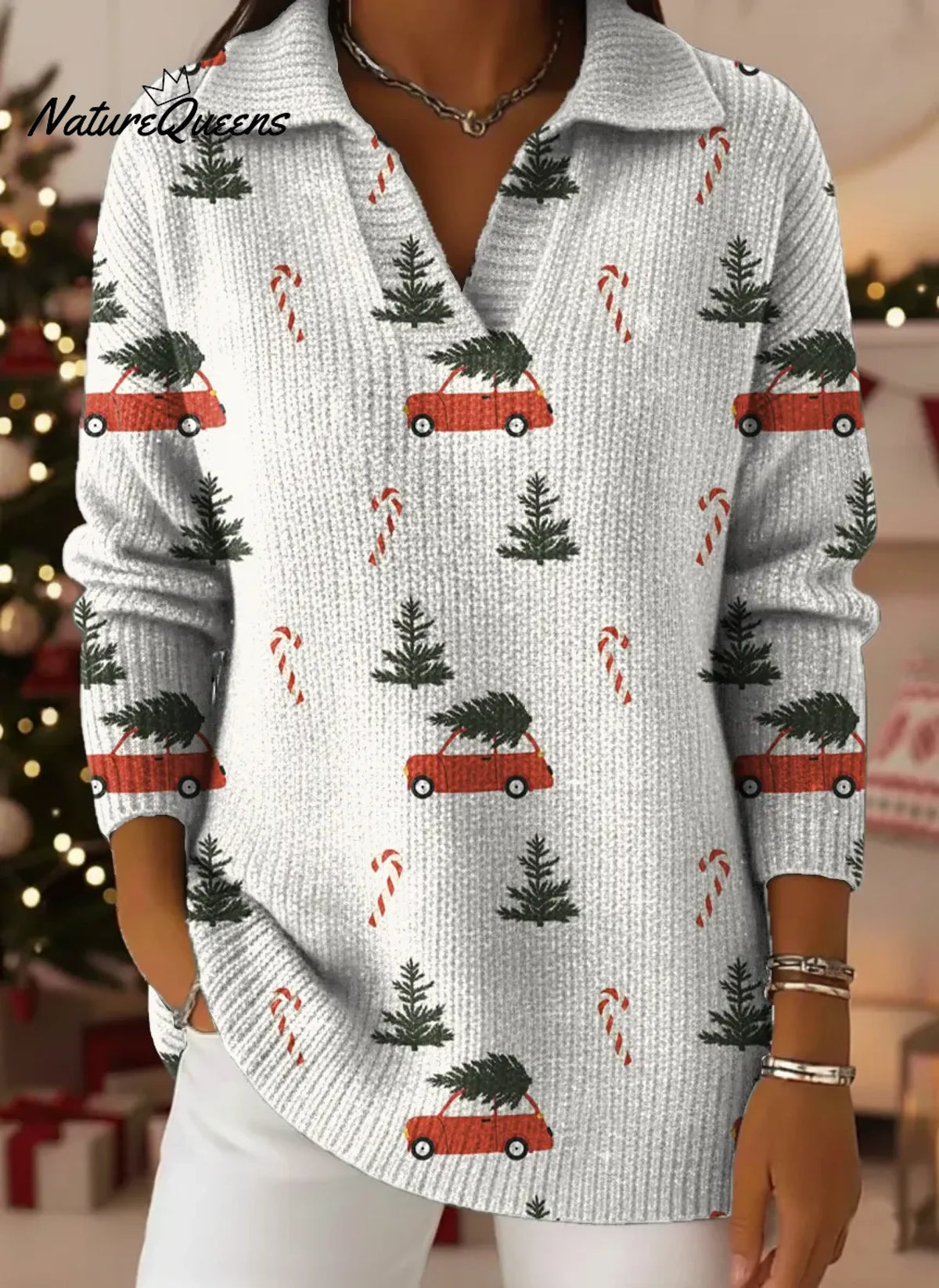 Christmas Print Lapel Casual Knit Sweater