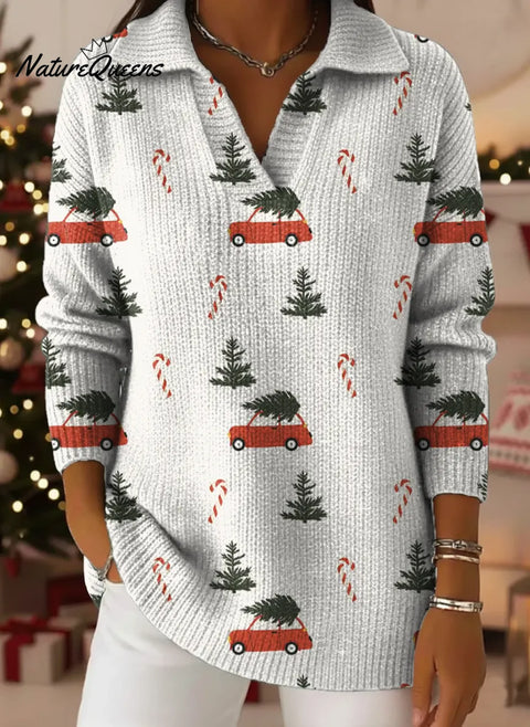 Christmas Print Lapel Casual Knit Sweater