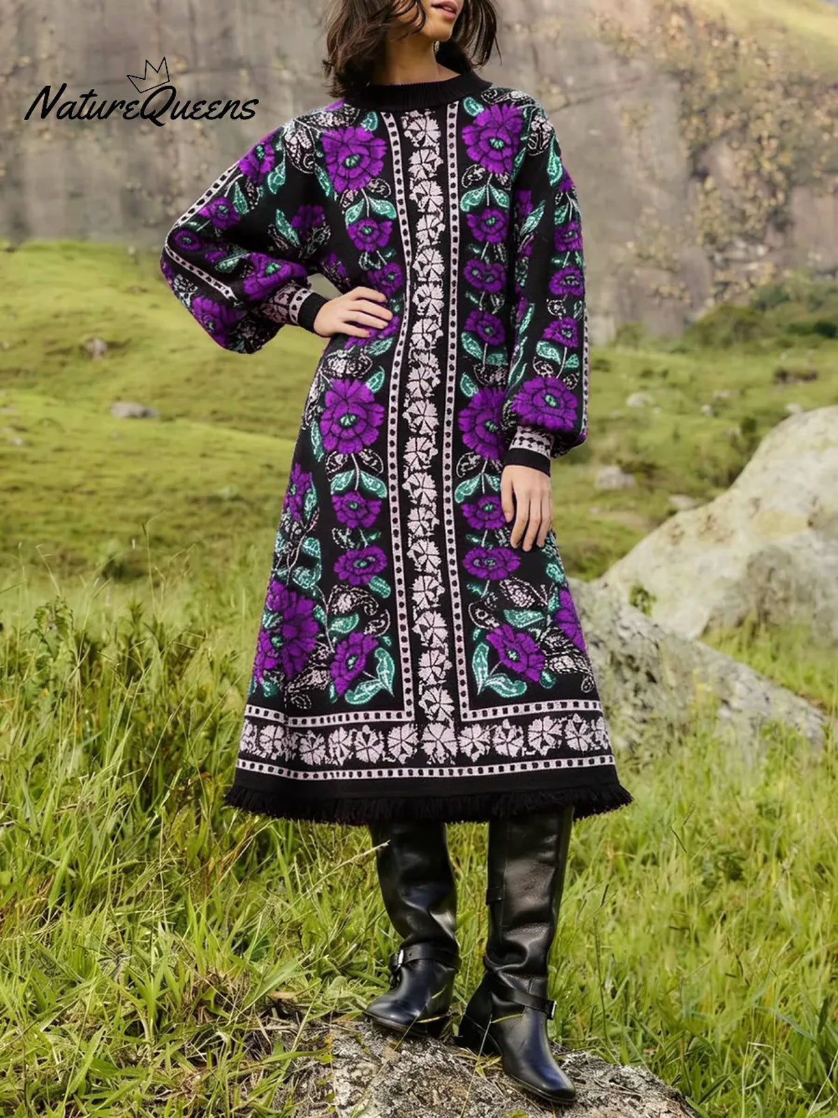 Women's Retro Floral Ethnic Print Stand Collar Long Sleeve Casual Loose Knit Dress