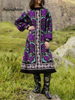 Women's Retro Floral Ethnic Print Stand Collar Long Sleeve Casual Loose Knit Dress