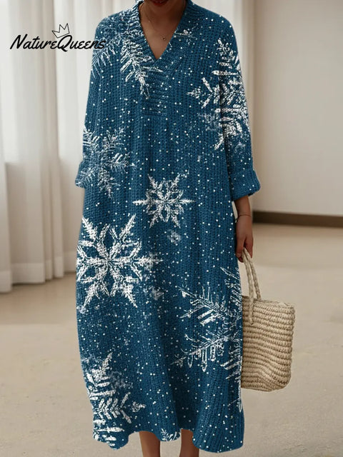 Retro Blue Snowflaket Print Knitted V-neck Dress